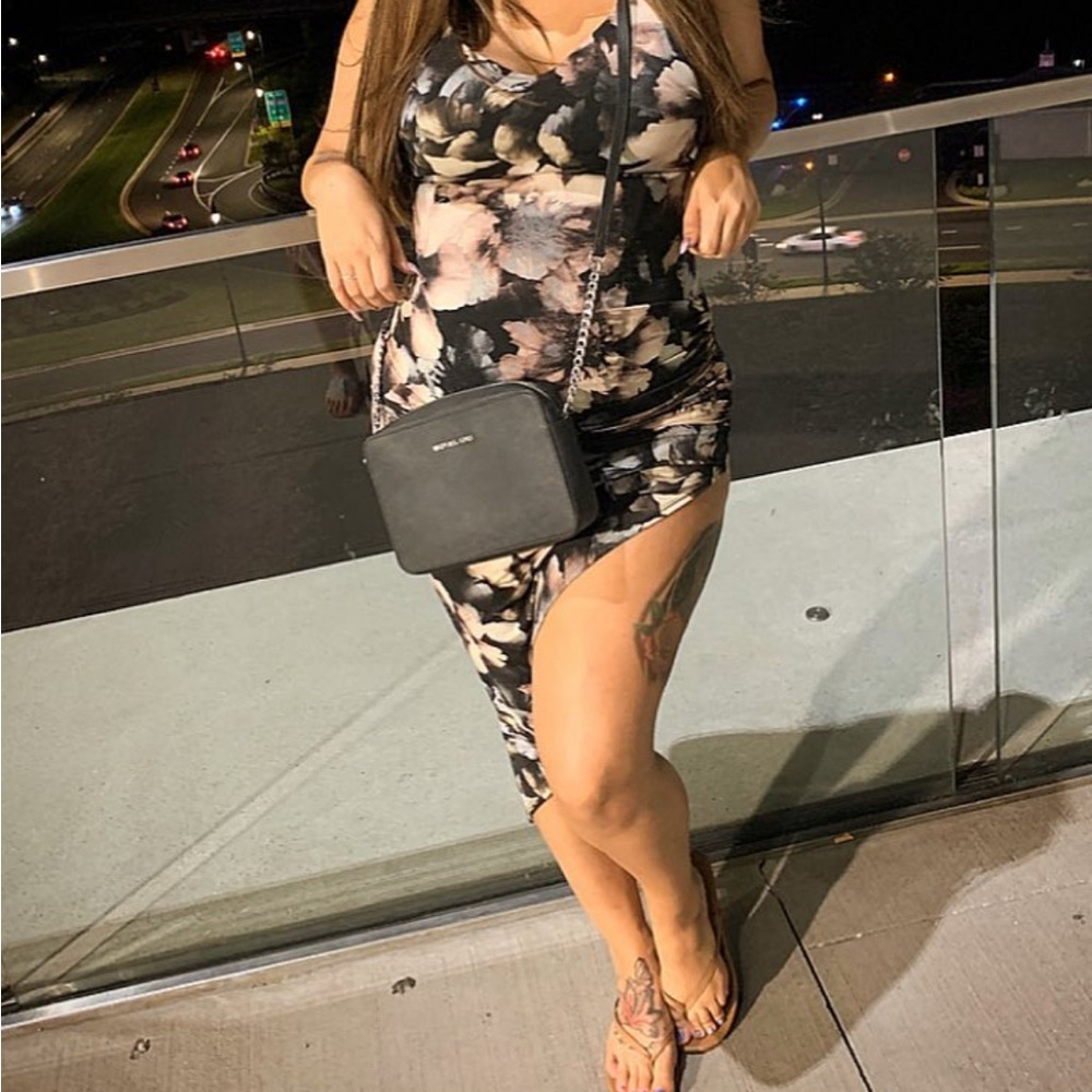 Fashion Nova Asymmetrical Floral Dress - Black and White